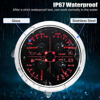 85mm 4 In 1 Gauge Oil Press Gauge Water Temp Meter Fuel Level Gauge Voltmeter With Alarm For Marine Boat Car Waterproof 12V 24V
