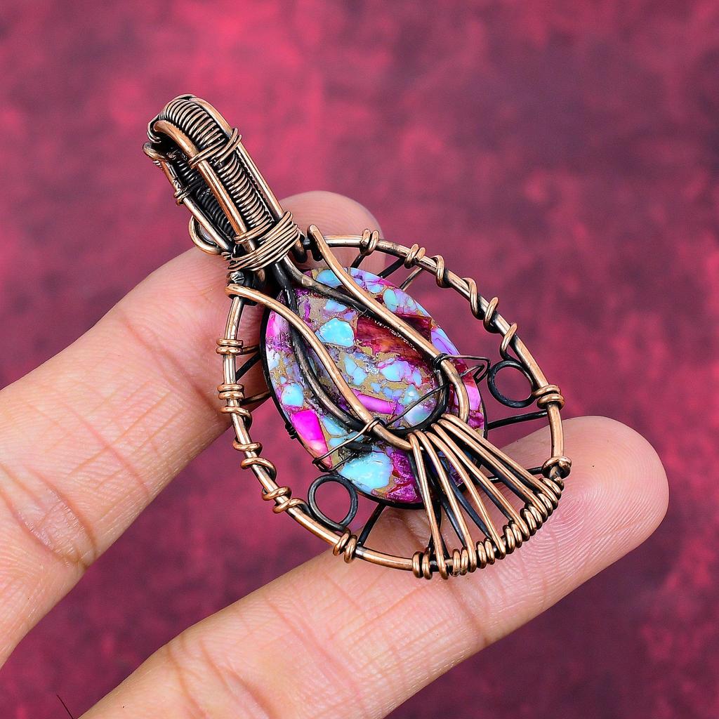 Evil Eye Natural Kingman Pink Dahlia Turquoise Pendant Copper Wire Wrap Jewelry