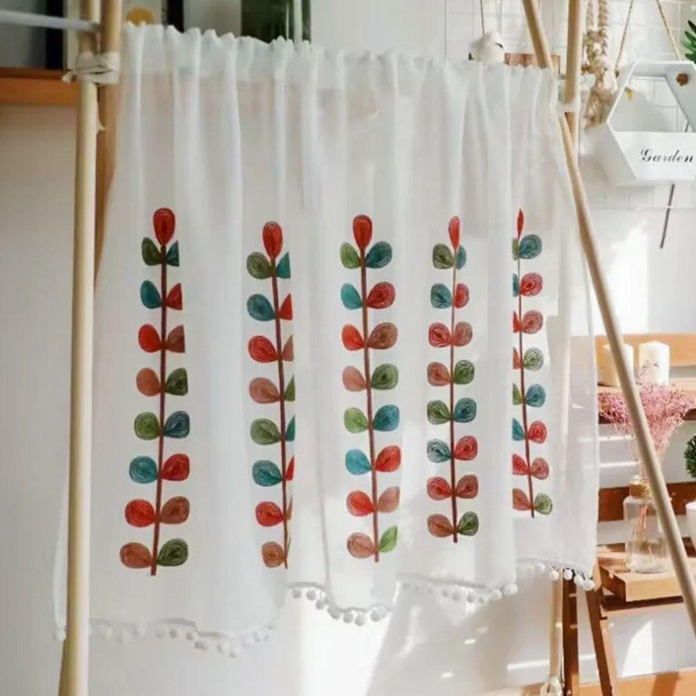 Semi Sheer Voile Drapes Embroidered Leaves Short Curtains Home Decoration Bath Curtain  Cafe