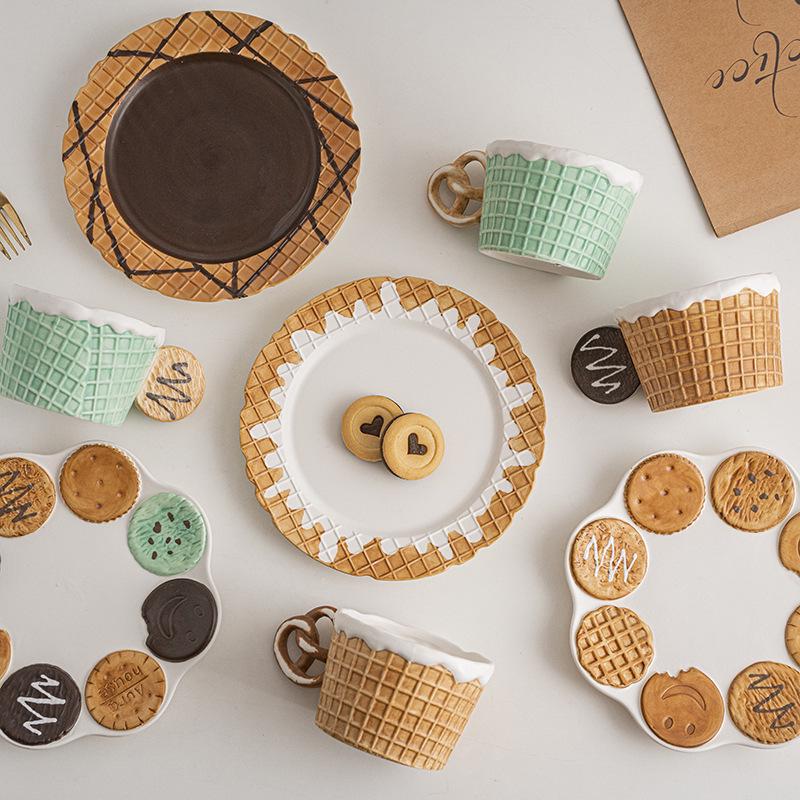 Cute Korean-Style Ceramic Mug & Cookie Series Tableware Set: Coffee Cup, Breakfast & Dinner Plates, Dessert Plate