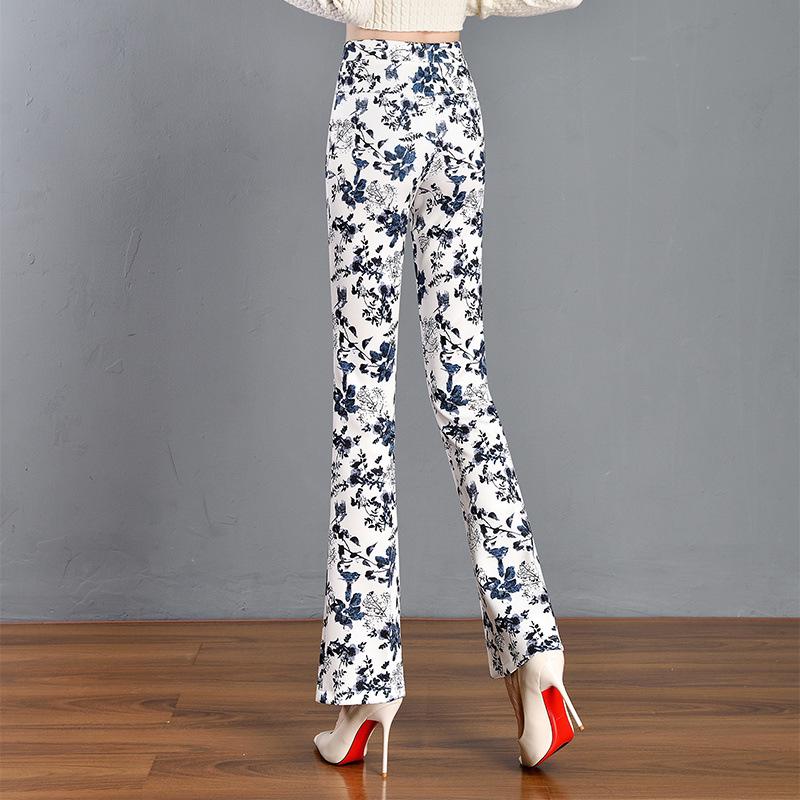 Green Floral Micro-Flare Pants - Autumn/Winter 2024 Body-Shaping Elastic Women's Long Pants