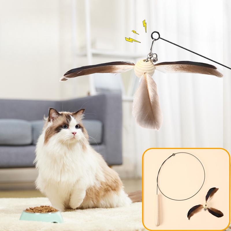 Wooden Handle Cat Toy Rotatable and Replaceable Head Steel Wire Long Rod Windmill Cat Toy Feather Bell Self-entertaining Pet Toy