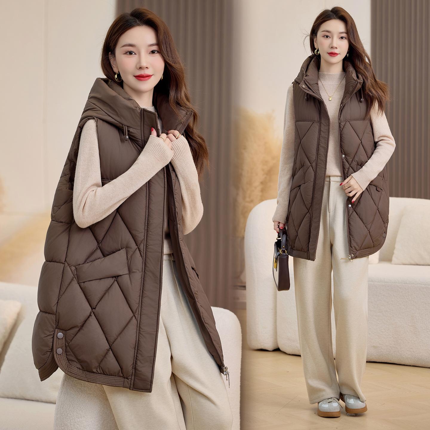 

Новая женская легкая майка без рукавов с капюшоном, ромбовидным узором, утолщенная, теплая, спортивная и повседневная, свободная легкая куртка XXL темно-коричневого