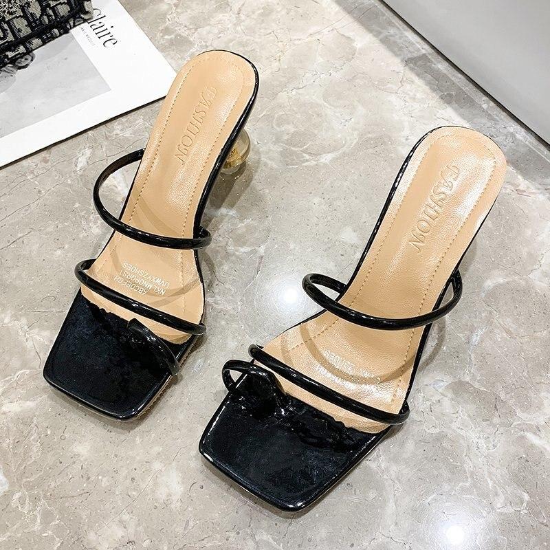 

Модні жіночі босоніжки Повсякденні дивні туфлі на високих підборах для жінок Однотонні літні босоніжки з кришталями, великі розміри 42 чорний