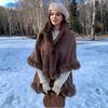 Women Double‑Layer Faux Fur Trim Poncho Shawl Winter Warm Open Front Cape Outerwear