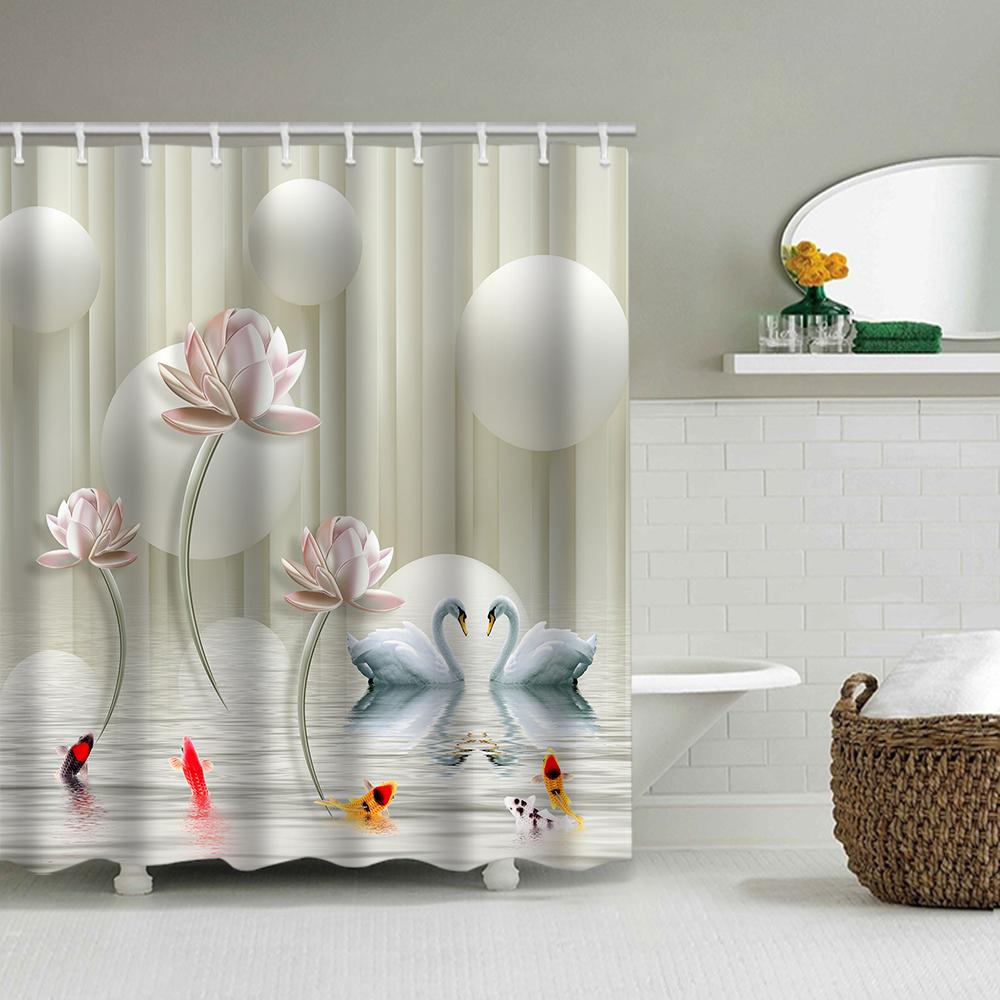 1/4 Flowers Swan Curtains, Toilet Seat Decoration, Shower Curtain with Carpet and Toilet Lid, 12 70.8x70.8 Inch Hooks