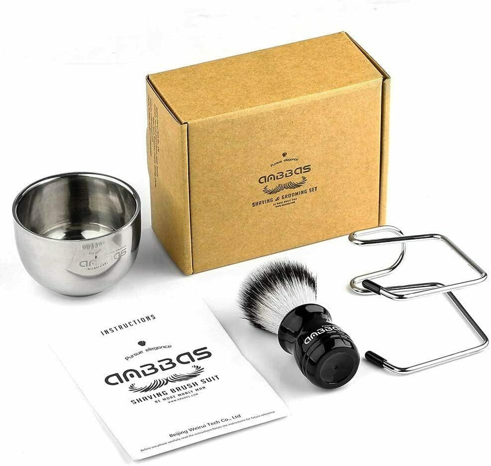 ANBBAS Shaving Brush Badger Hair Stainless Steel Foaming Facial Cleansing Shaving Care 3-Piece Set + Stand, Men's Brush, Gift,