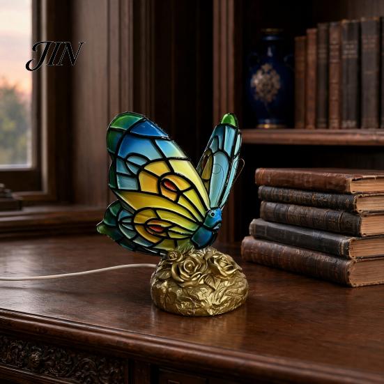 Study Desk Atmosphere Light Cute Bedside Table Lamp, Butterfly Rose Nightstand Lamps, Stained Glass Eye Protection Lamp Wing Shade, Bedroom Decor Home