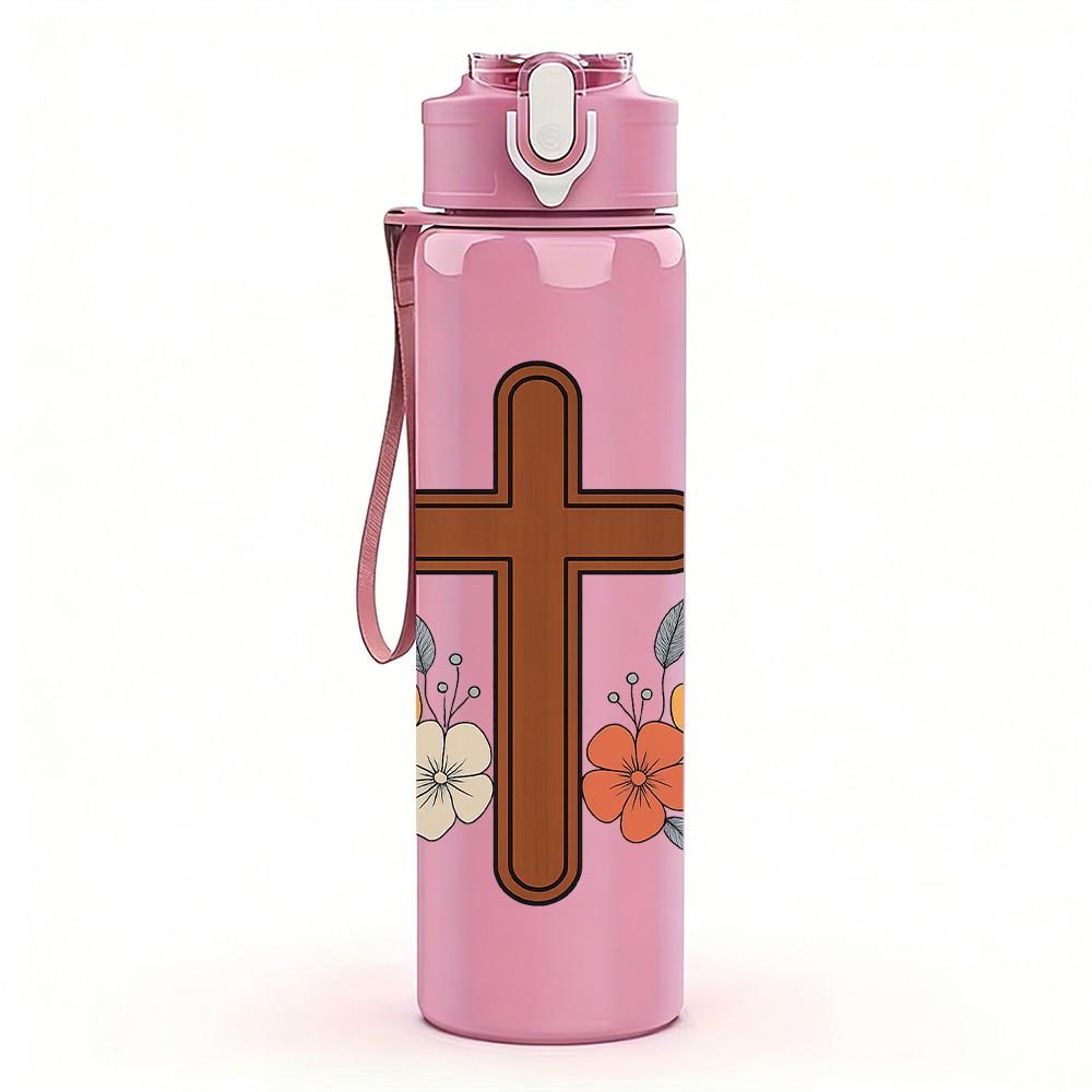 1PC Christian Cross Wild Flower Print 750ml Color Plastic Sports Water Bottle Leakproof Flip Straw Lid Suitable for Sports Office Home Use