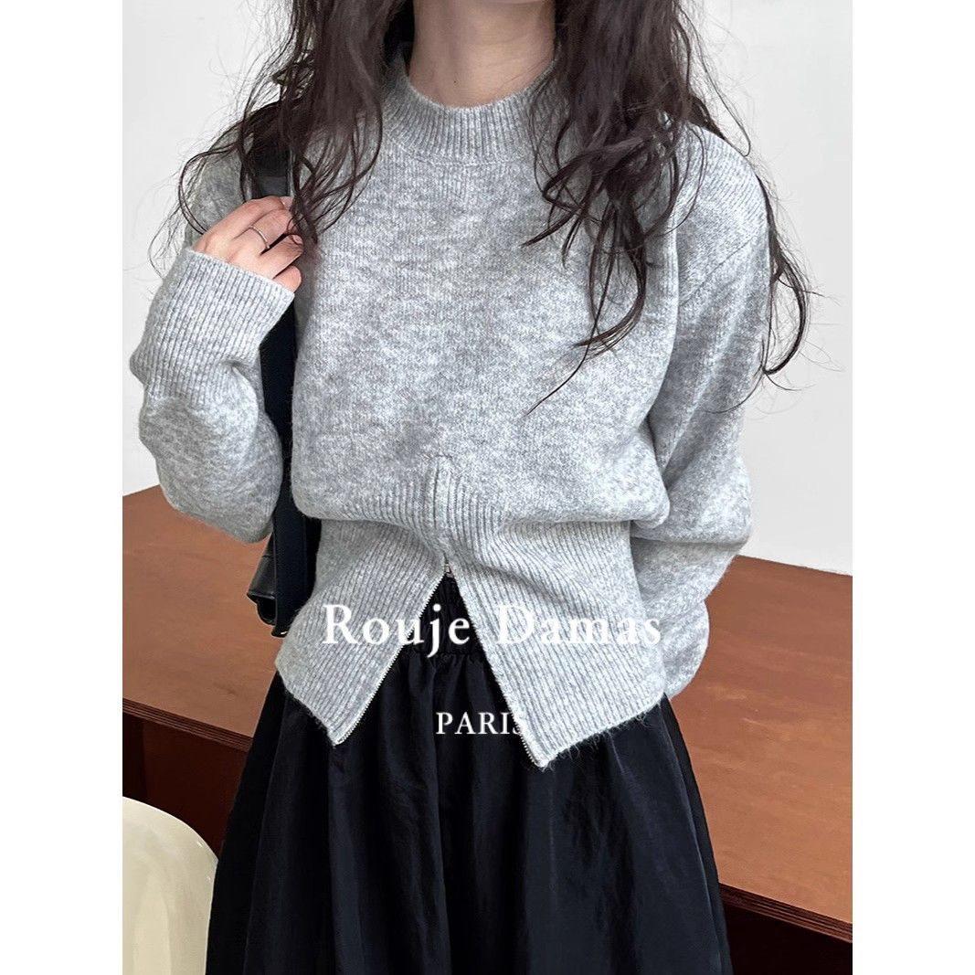 

Petite Women s Gray Slit Zipper Knit Sweater for Autumn S 34-41kg серый