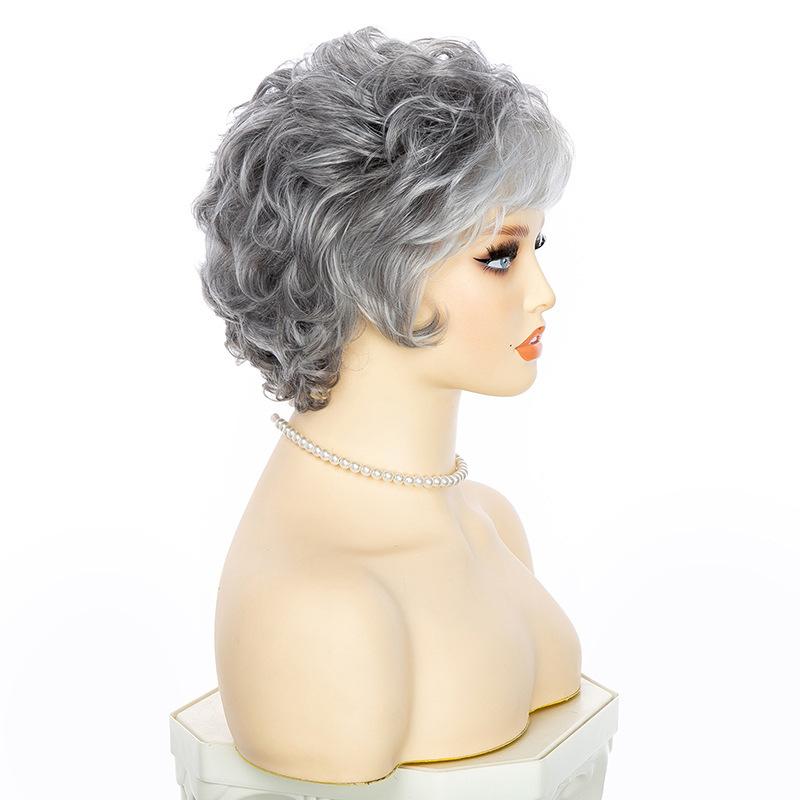 Women’s Short Curly Wig with Side Bangs Fluffy Gray-White Heat-resistant Synthetic Hairpiece