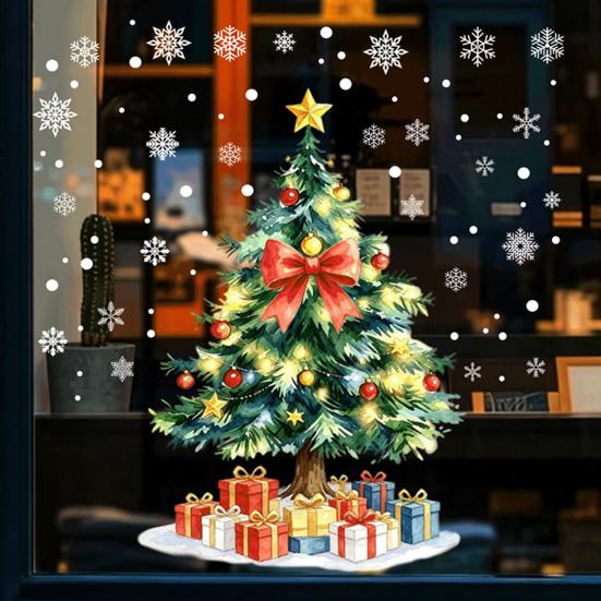 Reusable Window Film Christmas Tree Static Sticker, Waterproof PVC Decal, Watercolor Clings Snowflake Glass for Holiday Home Decor Creative