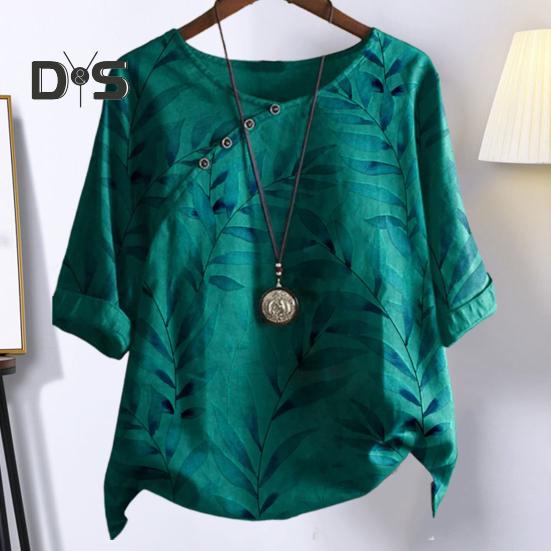 Dámské letní tričko s kulatým výstřihem, krátkým rukávem, volného střihu, pulovrové topy, retro potisk listů, knoflíková dekorace, tenké tričko