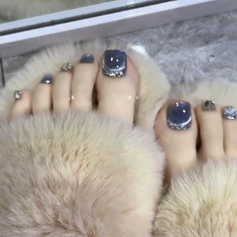 Handmade Crystal Cat Eye Toenail Art - Gray Blue Finish