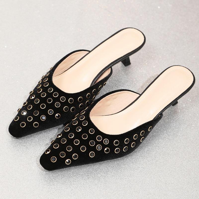 Summer New Rivet Pointed Thick Heel Sandals Women's Versatile Soft Bottom Non-slip Breathable Bag Head