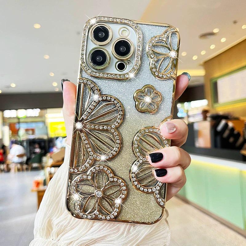 Glitzernder Farbverlauf Strass Blume Handyhülle für Apple 17 Pro Max - Mädchenhafter Stil (Passend für 11/12/15/16)