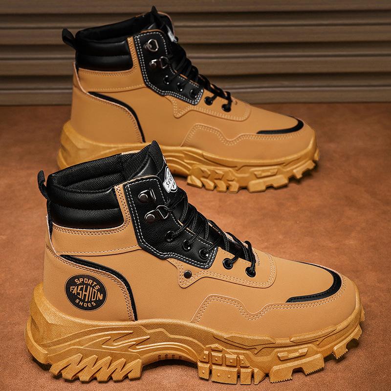 

Мода 2025 Новые мужские желто-черные рабочие ботинки с высоким верхом Водонепроницаемые Противоскользящие На шнуровке Уличные Удобные Нескользящие Осенние ботинки для мужчин 40 хаки