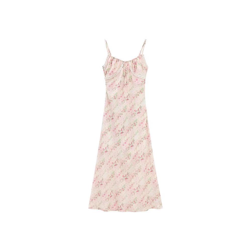 Coffee break French floral suspender dress women's spring and summer new lace splicing sweet temperament long skirt