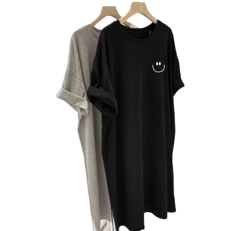 2025 Summer Women's Casual Plus Size Tummy-Hiding Over-the-Knee Short Sleeve T-Shirt Dress