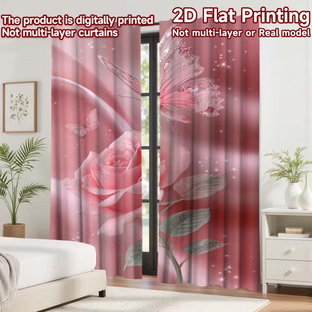2D Flat Printing 2pcs Curtain Curtains Valentine's Day Butterfly Rose Digital Printed Polyester Drapes Birthday Party Perfect