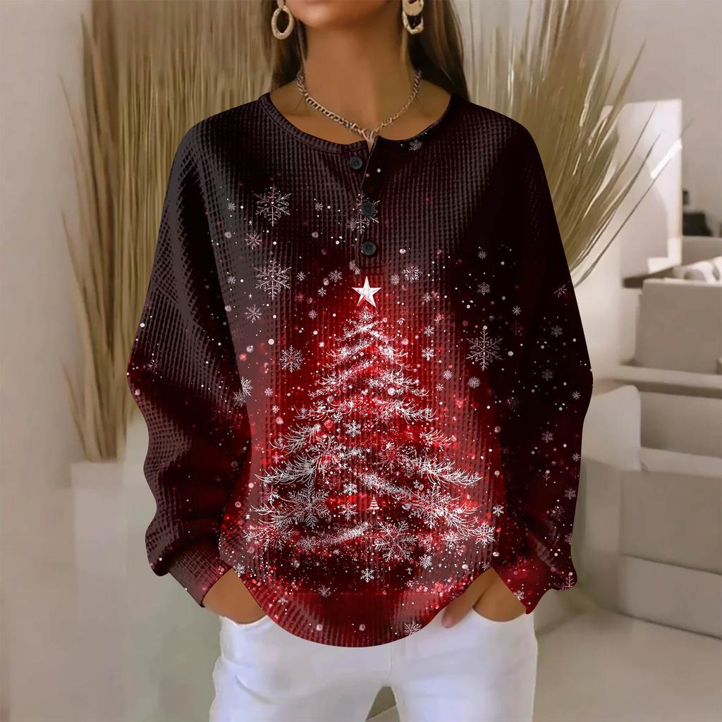 Camicia da donna alla moda casual con stampa natalizia, scollo a V, maniche lunghe e abbottonatura.