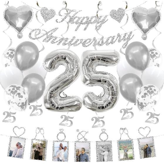 Concico 25th Anniversary Decorations Party Supplies Set of Happy Anniversary Photo Banner and Balloons,Hanging Swirls for 25 year Wedding