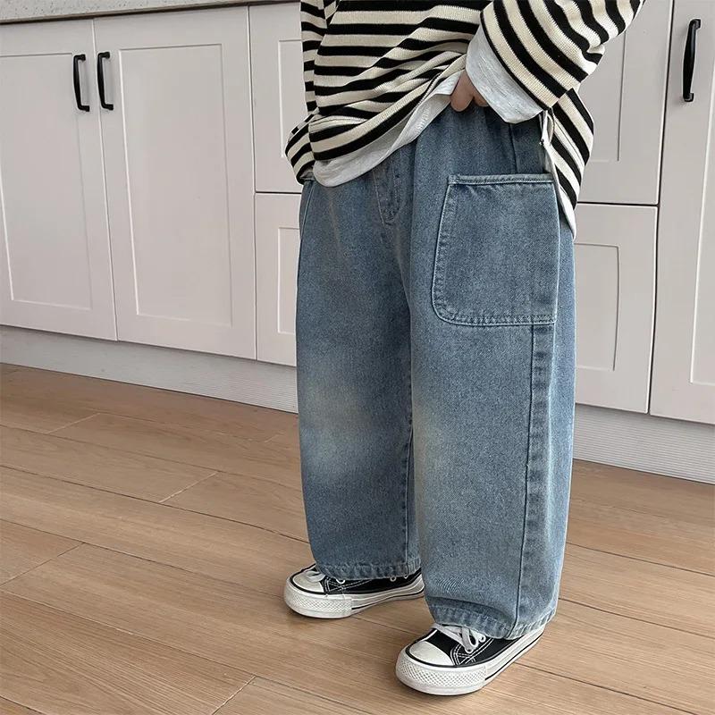 Spring Autumn Kid Boys Denim Pants Pocket Polished White Children Boy Pants Elastic Waist Casual Baby Trousers