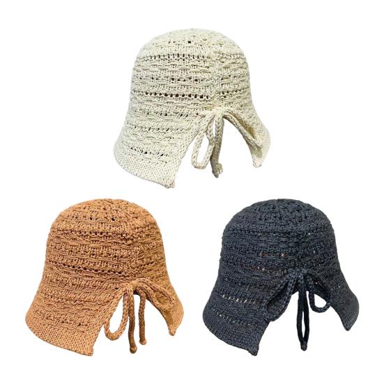 Summer Basin Hat Crochet Hollow Design Sun Protection Hat Wide Brim Back Slit Design Lace-up Knitted Outdoor Cap