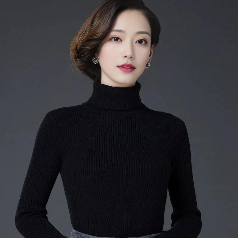 Black women's turtleneck thickened warm new sweater short winter pullover slim fit large size knitted bottoming shirt looks thin
