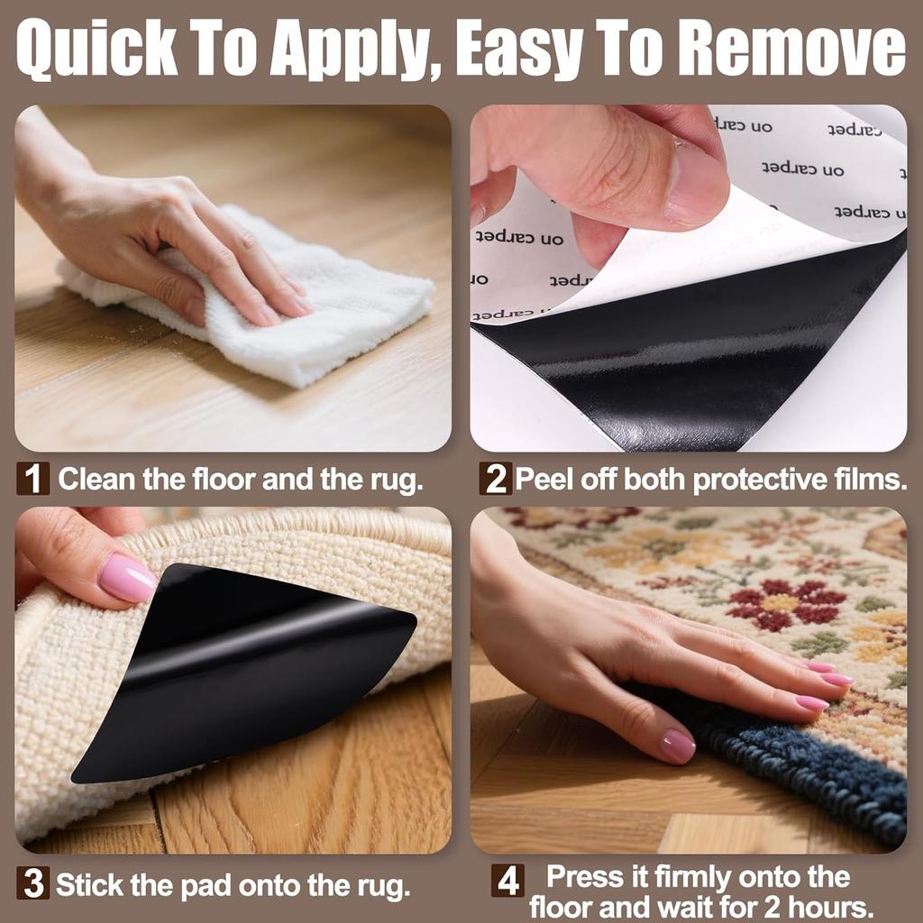 Premium Rug Grippers & Carpet Tape – 12PCS Square Anti-Slip Pads for Area Rugs, 3.9 Inch, Prevent Curling & Sliding, Ideal for Hardwood, Tile,