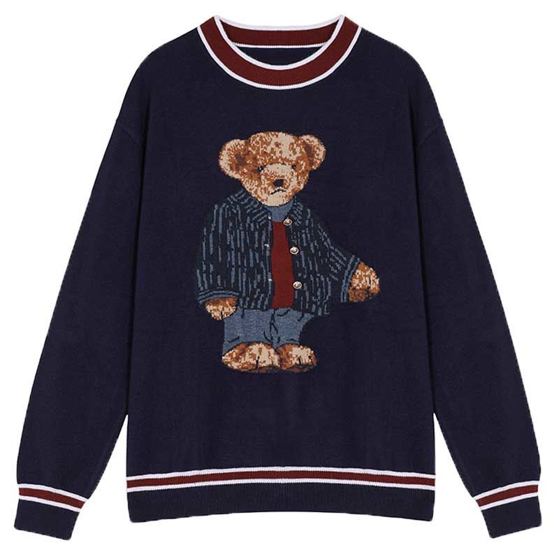 

Harajuku мультфильм медведь вышивка вязаный пуловер осень зима женский свободный свитер повседневный толстый теплый милый кавайный джемпер S синий
