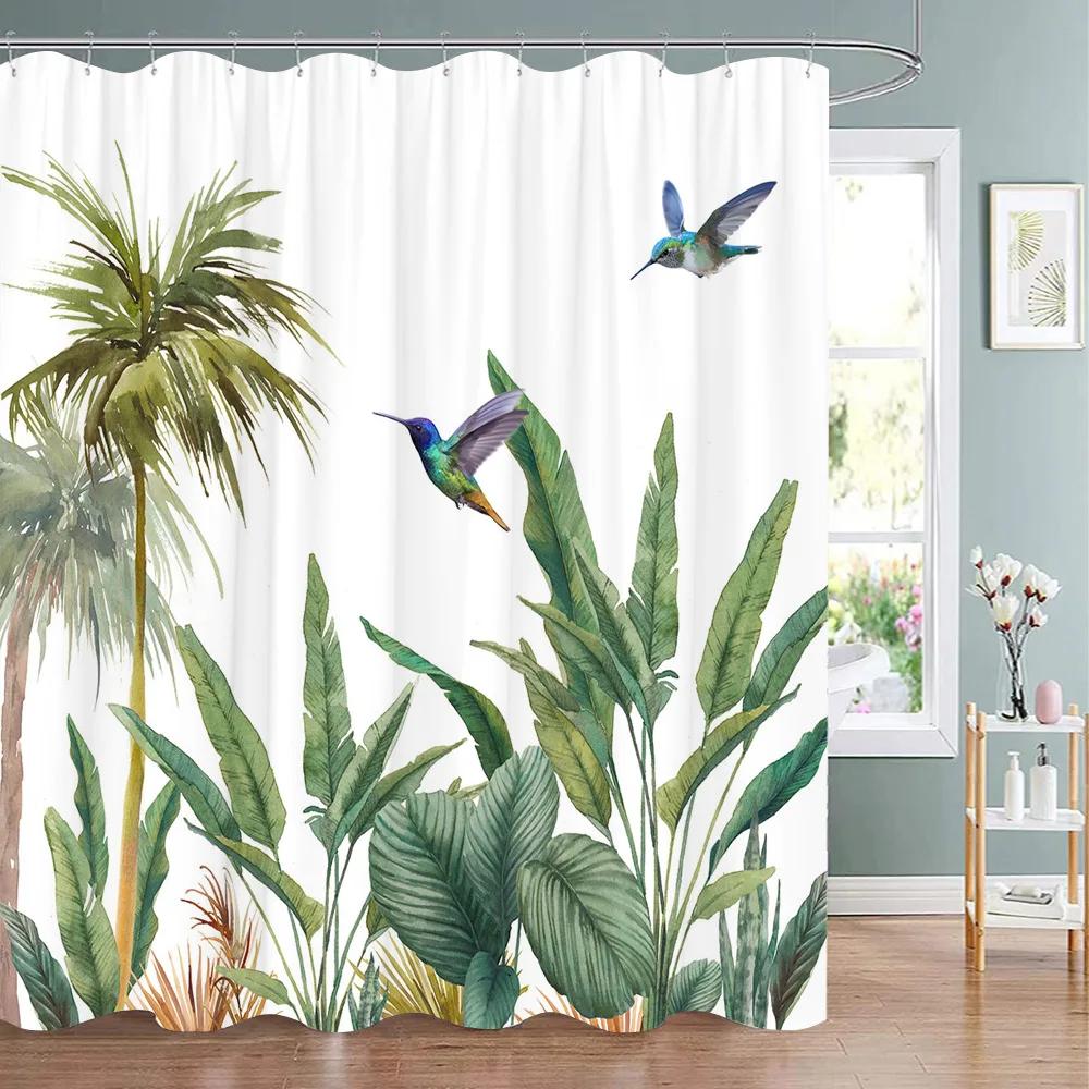 Botanical Flower Shower Curtain Tropical Leaves Fresh Flowers Polyester Fabric Washable Shower Curtain Bathroom Decor With Hooks