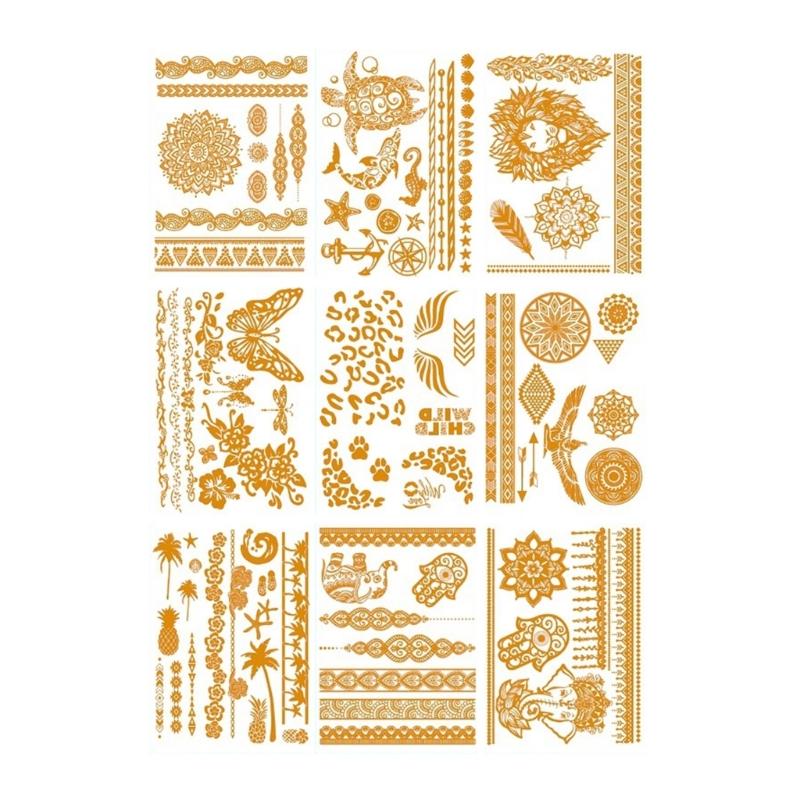 9 Blatt Premium Goldfolie Temporäre Tattoos für Partys und Events mit metallischen Designs und einfacher Anwendung
