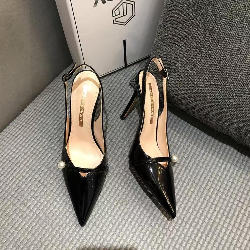 

2025 летние новые однотонные туфли с жемчужным острым каблуком на шпильке, повседневные универсальные легкие женские босоножки на высоком каблуке 34