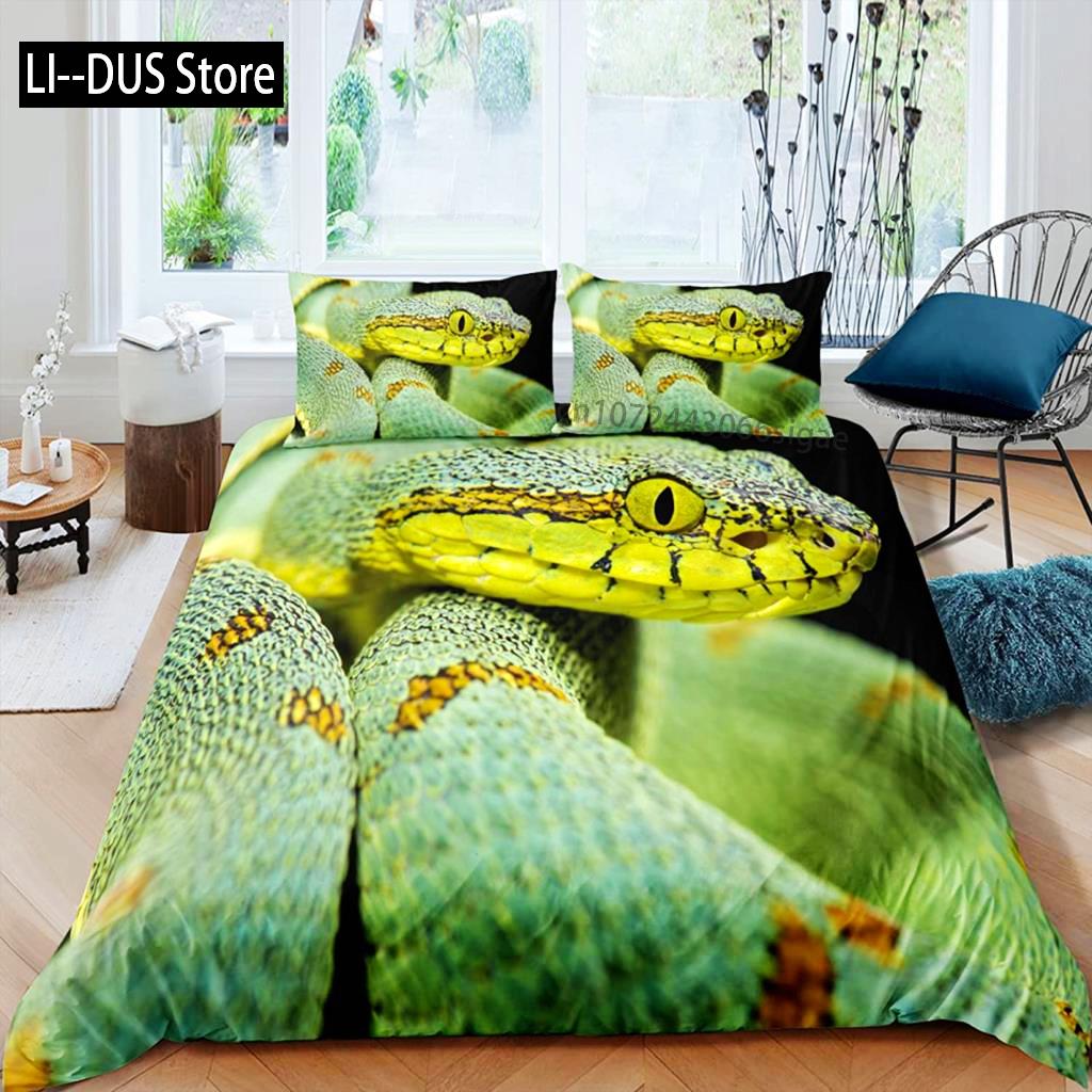 Sada povlaku na peřinu Had Zelená hadí ložní souprava Mikrovlákno Zvířecí téma Ložní prádlo Pro chlapce Muže Dvojitá Queen King Size Povlak na přikrývku