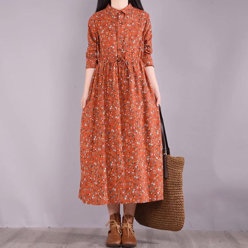 Spring and Autumn Retro Floral Cotton Linen A-Line Long Waist-Cinching Belted Long Sleeves Turn-down Collar Large Size Women's Dress