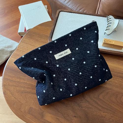Polka Dot Striped Solid Color Denim Canvas Cosmetic Bag Female Clutch Literary Retro Large Capacity