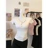 Summer Women Slim V Neck Short Sleeve Tee Diagonal Button Casual Basic Top
