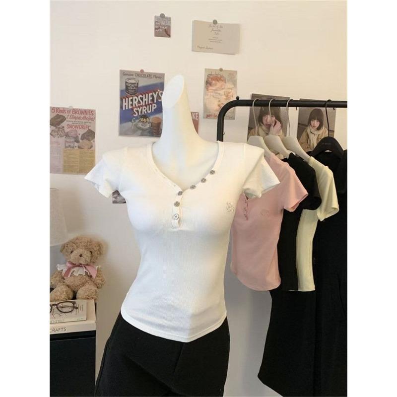 Summer Women Slim V Neck Short Sleeve Tee Diagonal Button Casual Basic Top