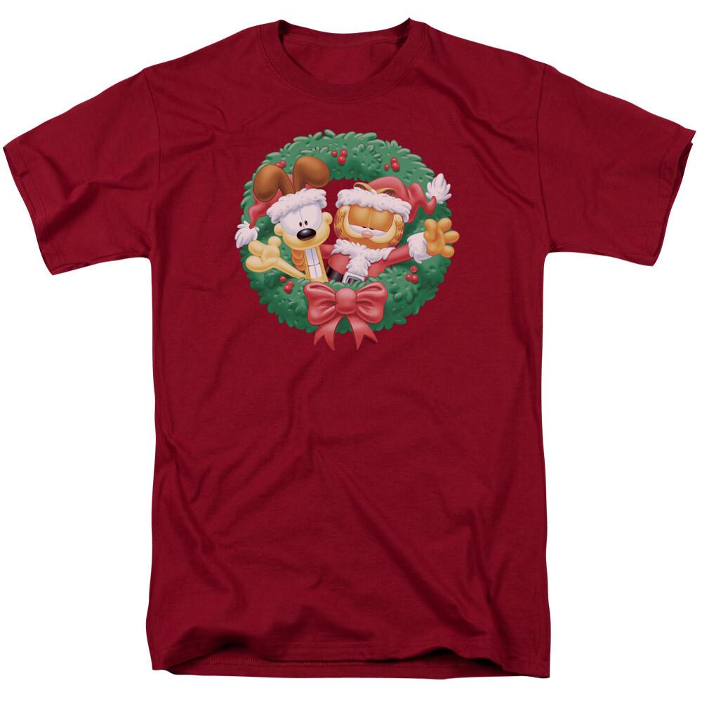 Garfield Christmas Wreath T Shirt Mens Licensed Jim Davis Comics Tee Cardinal