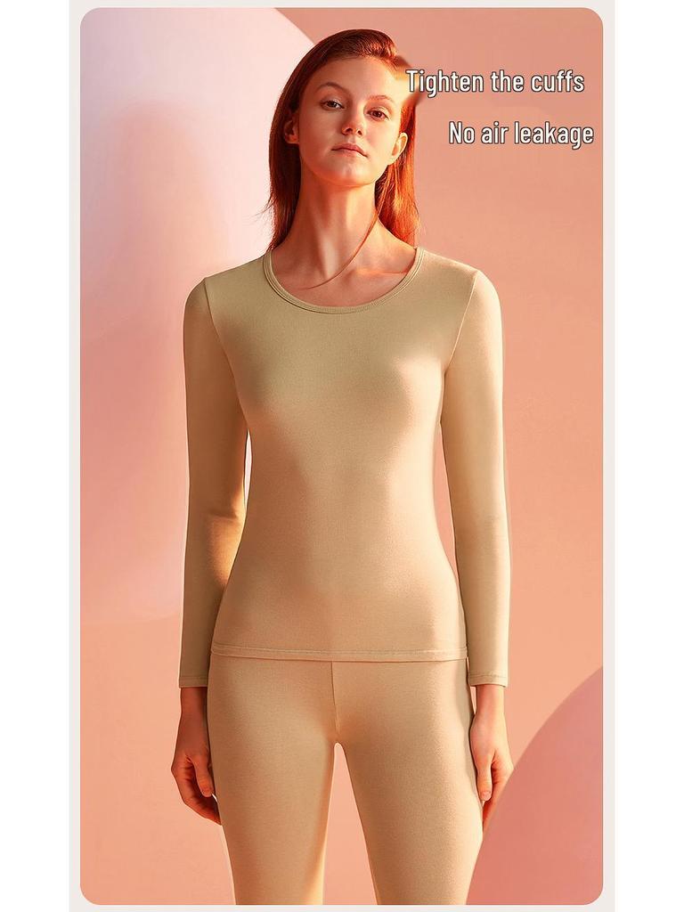 Leica Pure Cotton Antibacterial Thermal Underwear Set: Women's Round Neck, Thin Warm Autumn Top & Bottoms