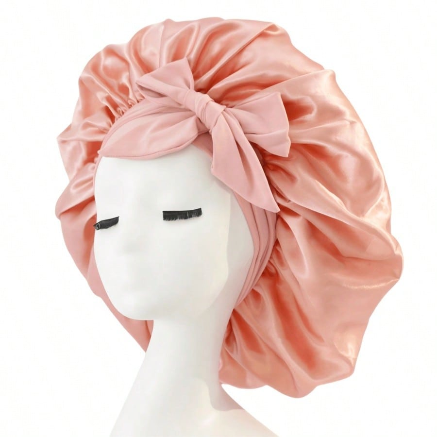 

[Pink Satin Bonnet] Soft Luxurious Pink Satin Bonnet - Adjustable Tie Band & Bow Accent, Comfortable Ruffled Design рожевий