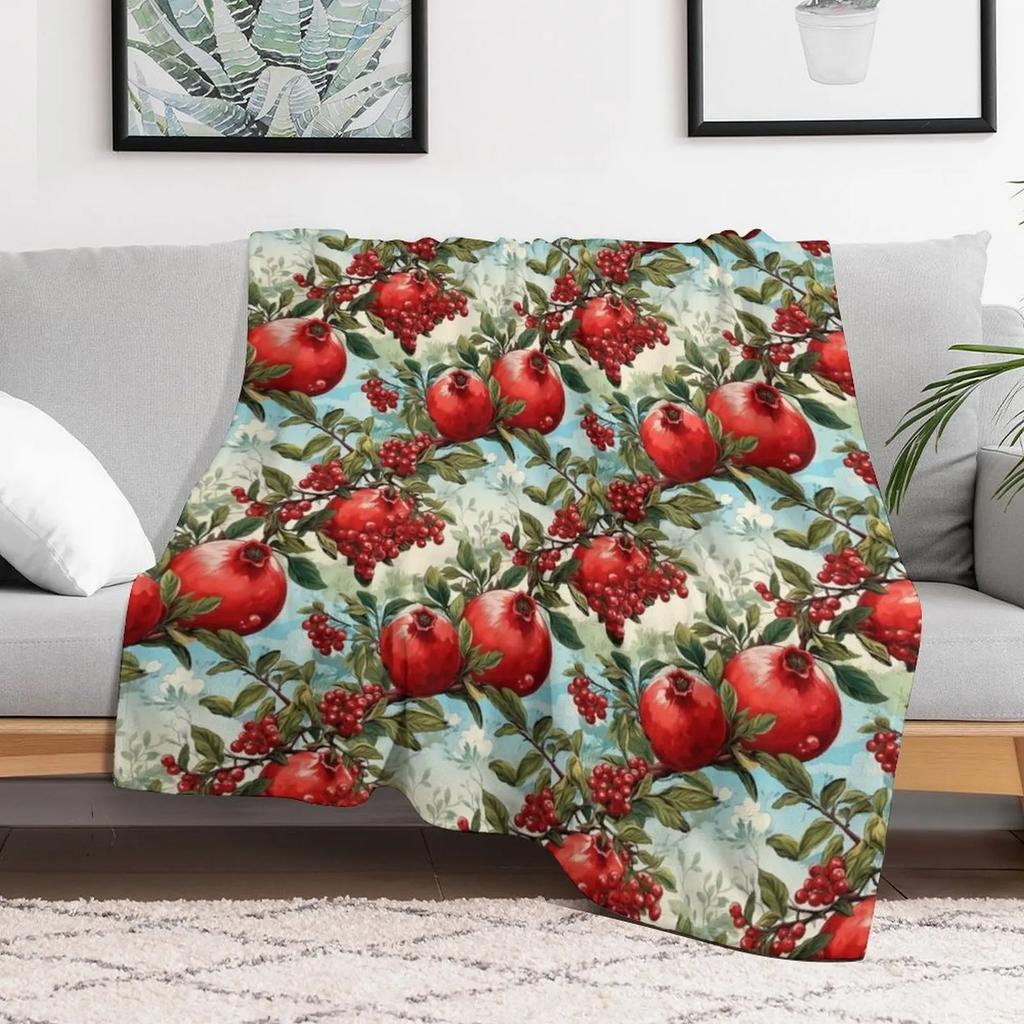 Red pomegranates and seeds against the blue sky Throw Blanket Outdoor Soft Blanket for Picnic Beach Camping