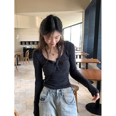 Polished Button U-neck Slim-fit Spice Girl Long-sleeved Bottoming Shirt Women's Spring, Autumn and Winter Front Shoulder with Fashionable