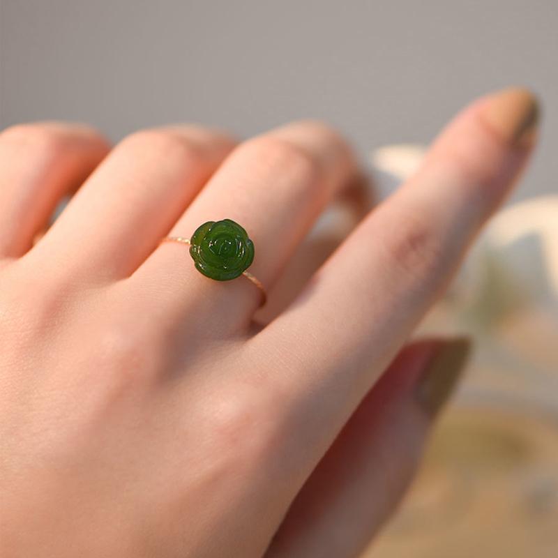Exquisite Girls Style Ring  Camellia Rose Flower Green Finger Rings For Women Girls Wedding Jewelry Gifts