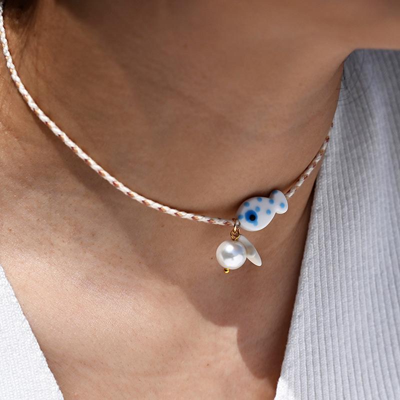 Colorful Bohemian Ceramic Fish Pendant Necklace For Women Adjustable Multicolored Rope Choker, Perfect For Summer Beach Vacation