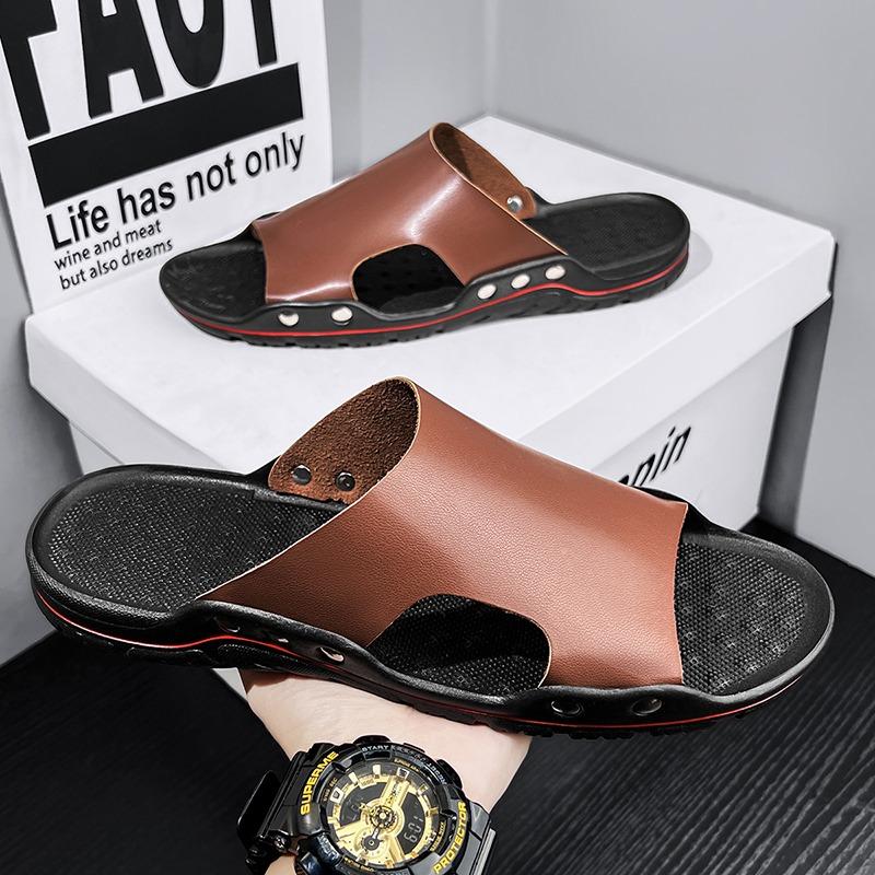 Fashion Summer Men Slippers Genuine  Breathable Clogs Sandals Beach Classics Leather Slides Outdoor Flip Flops Men Shoe