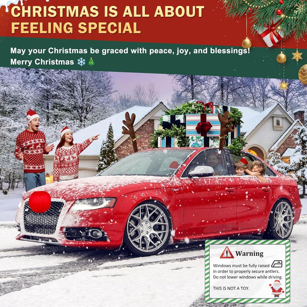 16.7 Inch Dark Brown Christmas Reindeer Car Kit - Reindeer Car Kit With 4 Adorable Car Seat Santa Hat, Christmas Decorations Perfect For Various Car