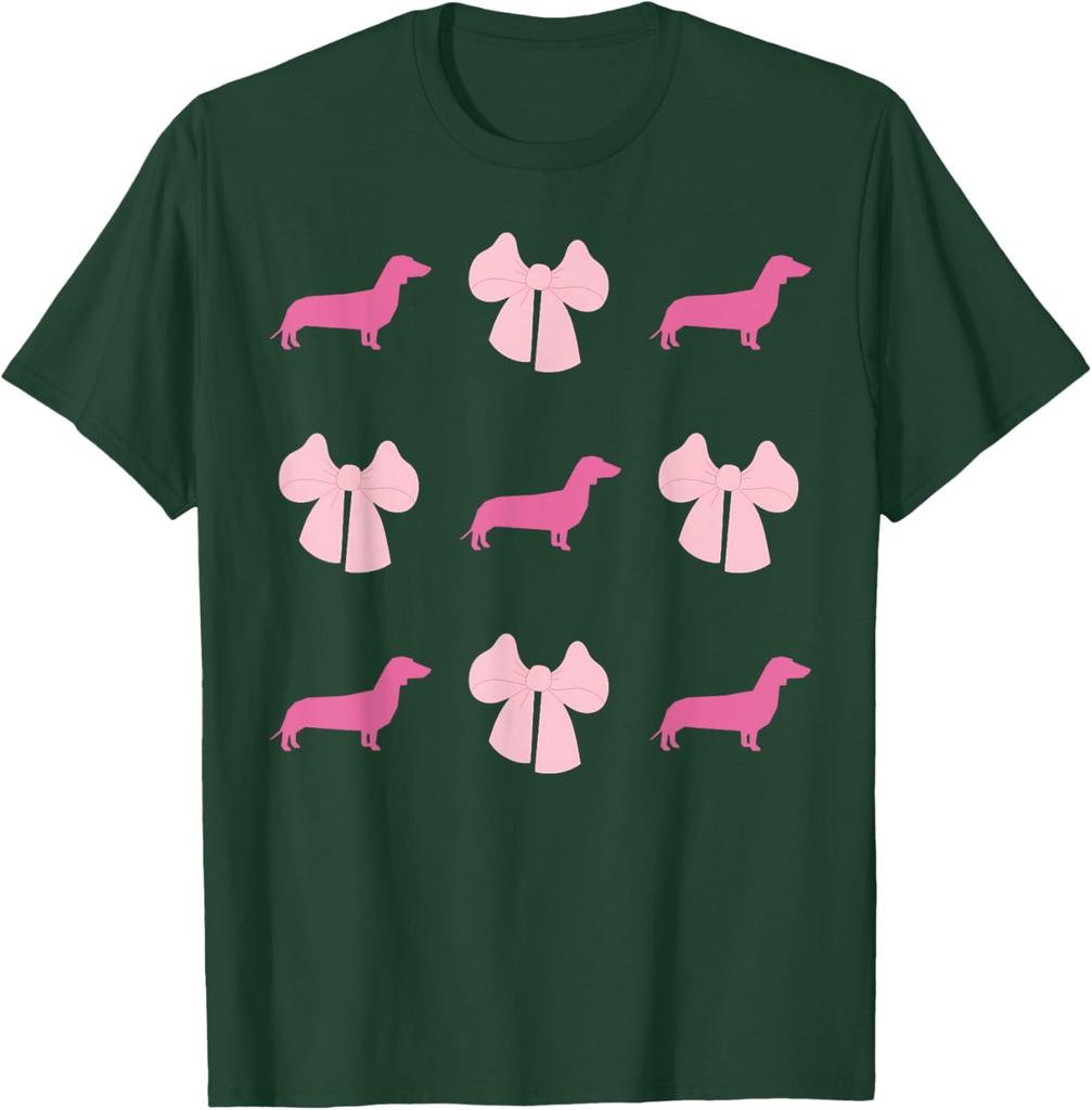 Pink Dachshund Bow Pattern Graphic Tee Cute Wiener Dog Lover Short Sleeve T-Shirt