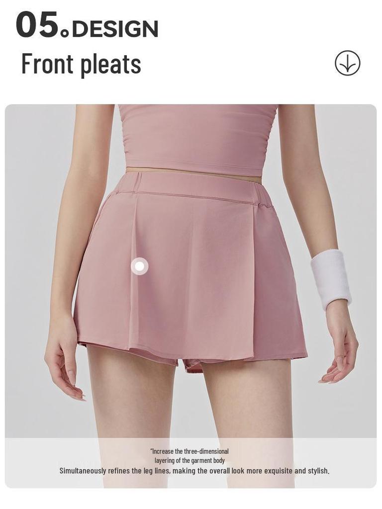 Women's Sportswear Set: Padded Bust Yoga Vest & Loose Casual Anti-exposure Skirt Shorts with Pleated Waistband and Belt